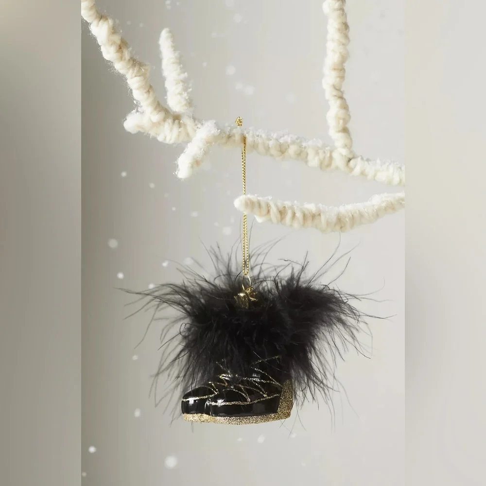 Anthropologie Feather Black & Gold Boots Glass Ornament NWT